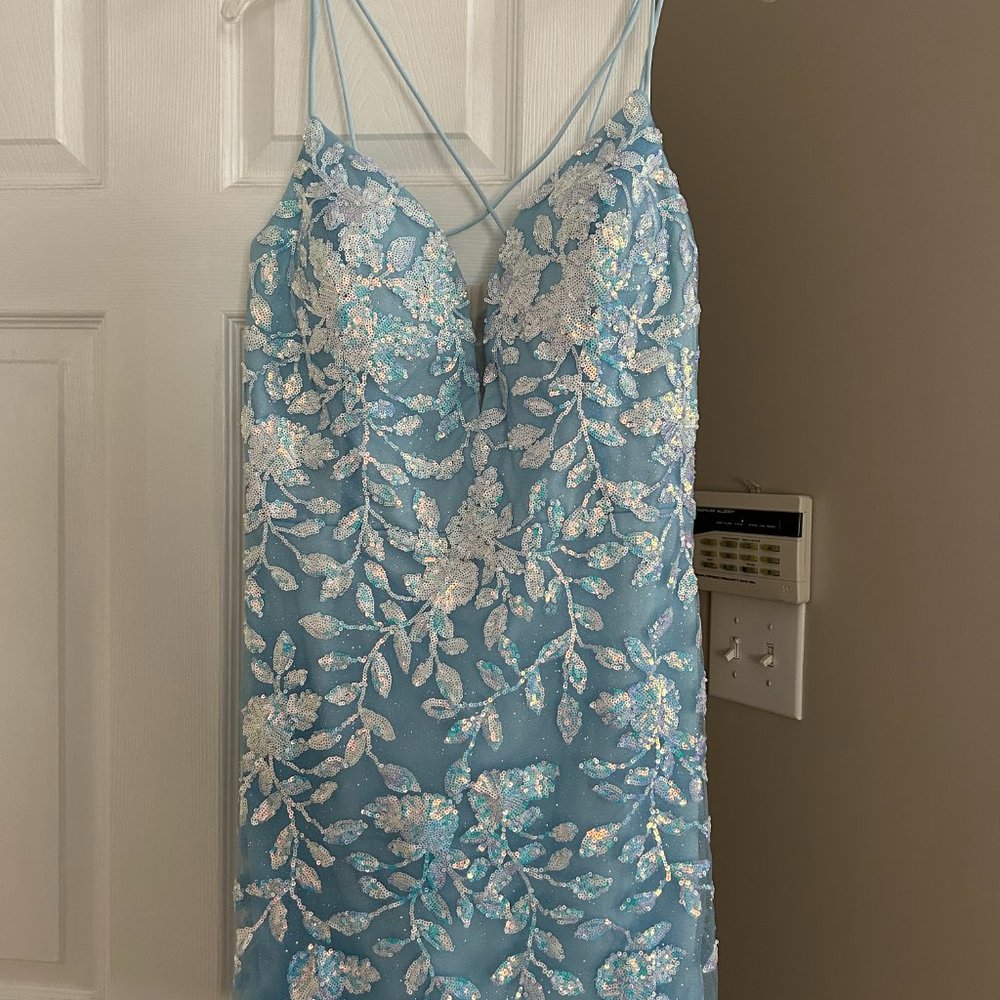 Spaghetti Straps Light Blue Short Homecoming Dress with Criss Cross Back - Picture 2 of 5